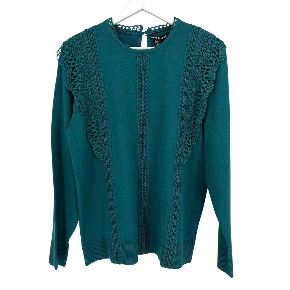 Cable & Gauge Sweater Women XL Teal Crochet Lace Trim Pullover Crew Neck NWT